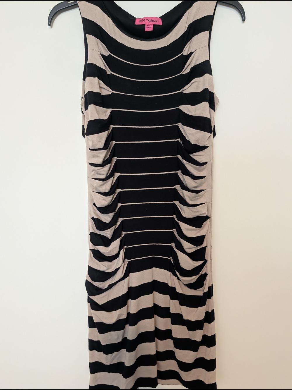 Betsey Johnson Black and Taupe Striped Midi Dress with Side Ruching
